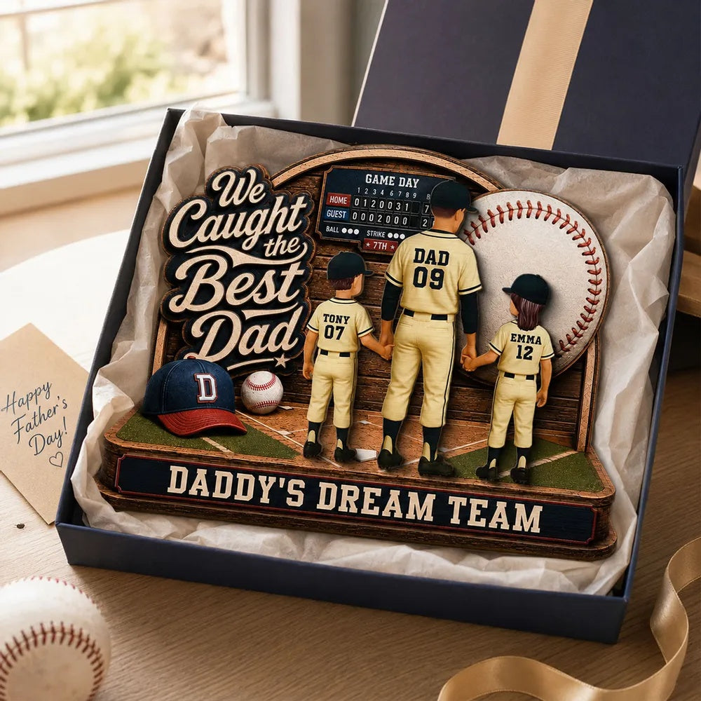 Baseball Things Dad & Kids Back View Standing 2D Flat - Personalized 2-Layered Wooden Plaque - Happy Father's Day For Baseball Dad