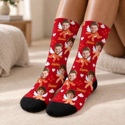 Custom Couple Face Socks, Upload Your Photo Personalized Cupid Socks, Funny Custom Photo Socks, Romantic Valentine Gift for Him Her