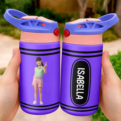 Custom Photo Cartoon Portrait Kid With Colorful Crayons - Personalized Insulated Water Bottle With Straw