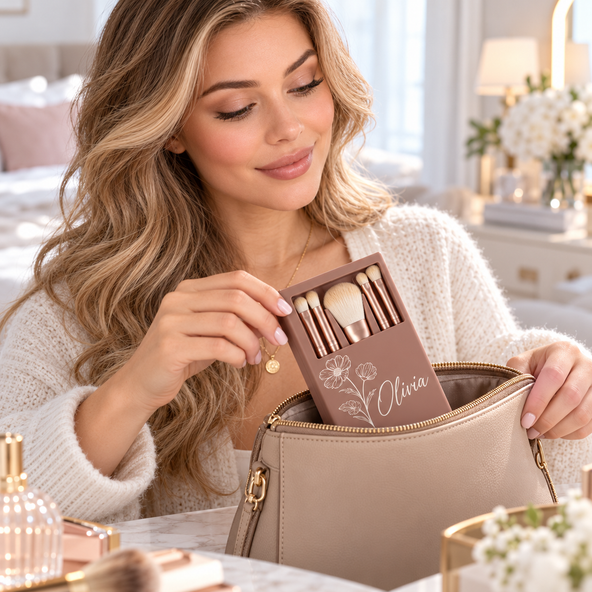 Personalized Makeup Brush Set with Custom Engraved Box, Bridesmaid Gift Cosmetic Brushes, Christmas Gift for Her