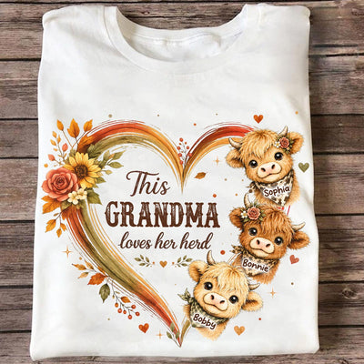 Grandma Herd Heart Highland Cow - Personalized Shirt - Cozy Fall Shirt for Grandma