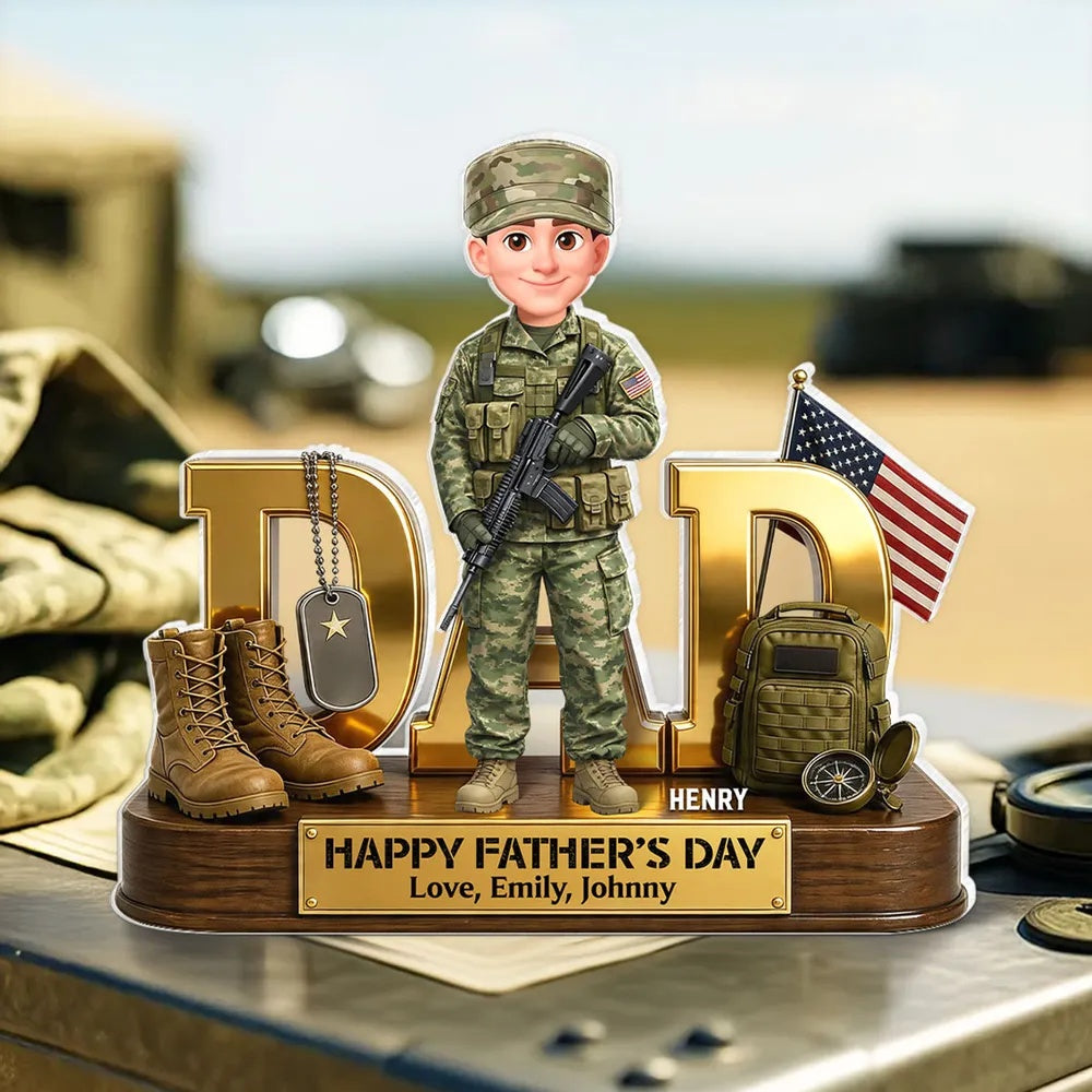 Proud American Military Hero Dad Personalized Acrylic Block Plaque – Custom 2D Flat Armed Forces Father’s Day Gift for Dad or Husband