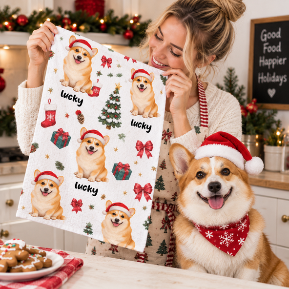 Christmas Gift For Pet Mom - Personalized Custom Photo Pet Name Festive Pattern Kitchen Towel
