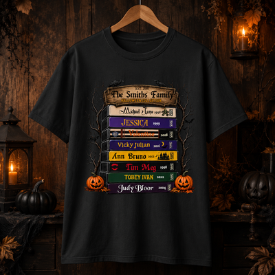 Custom Retro VHS Stack Family T‑Shirt, Personalized Halloween Horror Movie Tee, Spooky Fall Halloween Gift For Horror Movie Lovers