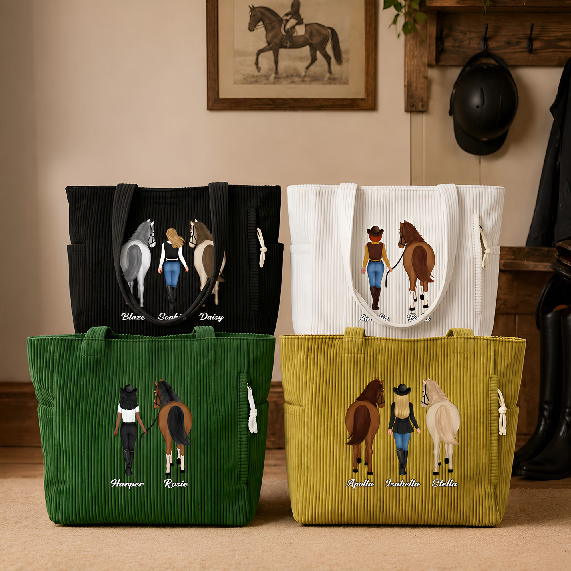 Personalized Horse Riding Theme Large Capacity Corduroy Tote Bag with Name Travel Essential Birthday Gift for Horse Lovers