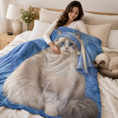 Personalized Pet Portrait Blanket – Custom Fine Art Style Dog & Cat Photo with Pearl-Inspired Detail, Holiday Gift for Pet Owners & Pet Lovers
