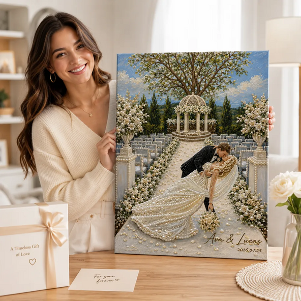 Personalized Couple DIY Pearl Sticker Art Kit Custom Names Wedding Date Outdoor Garden Wedding Scene Canvas Painting Kit Romantic Wedding Keepsake Gift