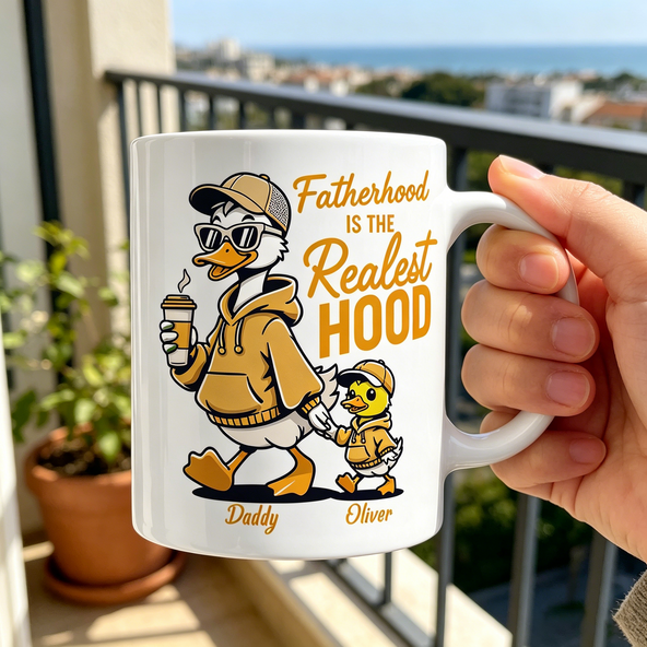 Personalized "Fatherhood is the Realest Hood" Duck Family Mug, Custom Name Gift for Dad