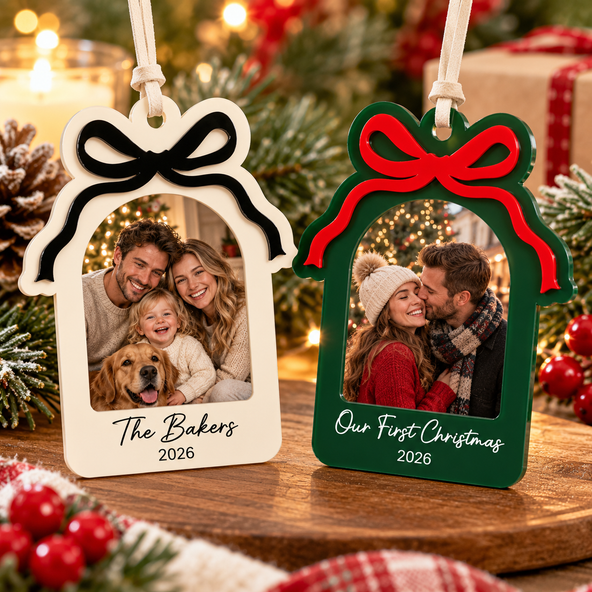 Personalized Acrylic Bow Photo Frame Christmas Ornament, Custom Photo Keepsake, Christmas Tree Decoration, Xmas Gift for Family