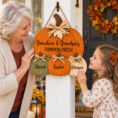 Personalized Pumpkin Patch Door Hanger – Custom Grandkids Names 2D Wood Sign, Fall Decor Gift for Grandparents
