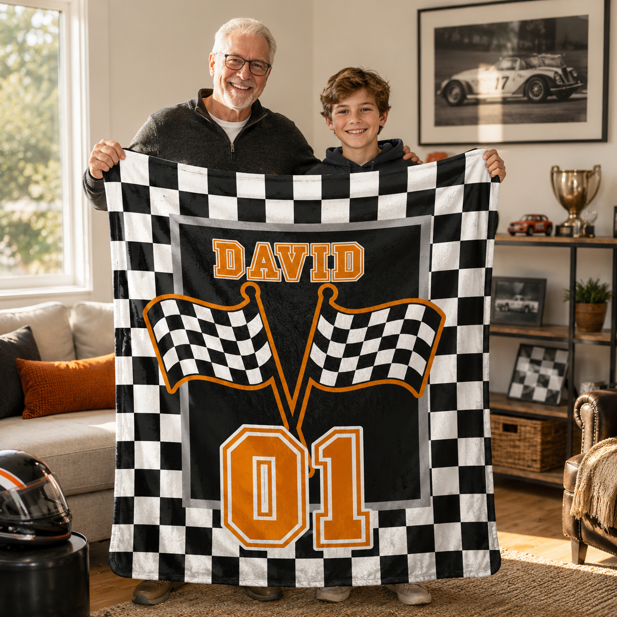 Personalized Checkered Flag Racing Design Soft Throw Blanket with Name and Number Home Decor Father's Day Birthday Gift for Man Racing Enthusiast