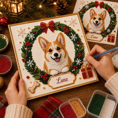 Personalized Christmas Pet Pearl Art – Custom AI Pet Portrait Canvas Decor for Holiday Gift, Families & Pet Lovers