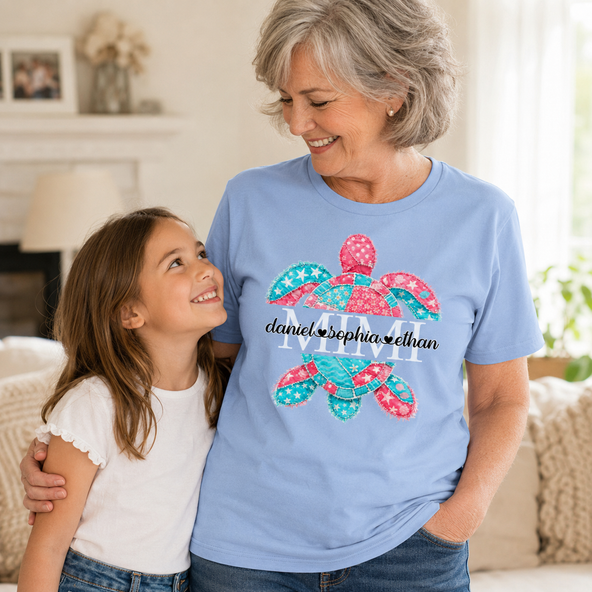 Personalized Mimi Sea Turtle Shirt with Grandkids Names, Custom Grandma Beach T Shirt for Women, Coastal Family Gift