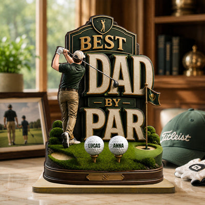 Golf Dad & Kids Best Dad By Par - Personalized 2-Layered Wooden Plaque - Father's Day Gift For Dad, Husband