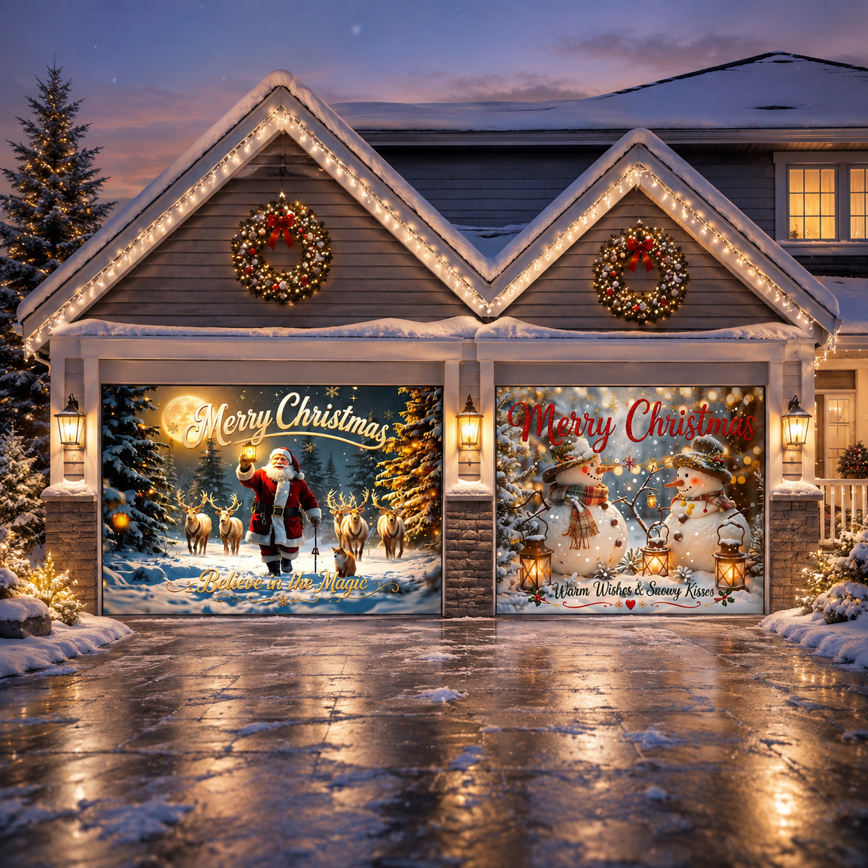 Christmas Garage Door Banner, Winter Santa Snowman Holiday Garage Door Cover, Outdoor Christmas Home Decor Gift For Family