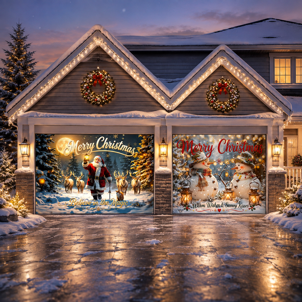 Christmas Garage Door Banner, Winter Santa Snowman Holiday Garage Door Cover, Outdoor Christmas Home Decor Gift For Family