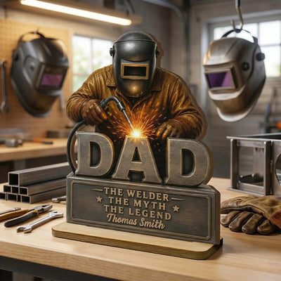 Welder Dad The Man The Myth - Personalized 2-Layered Wooden Plaque - Father's Day Gift For Welders, Metal Worker Mechanic Welding Dad, Husband