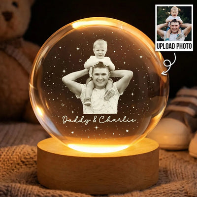 Dad And Kid Custom Upload Photo - Personalized Crystal Ball LED Night Light - Father's Day Gift For Dad