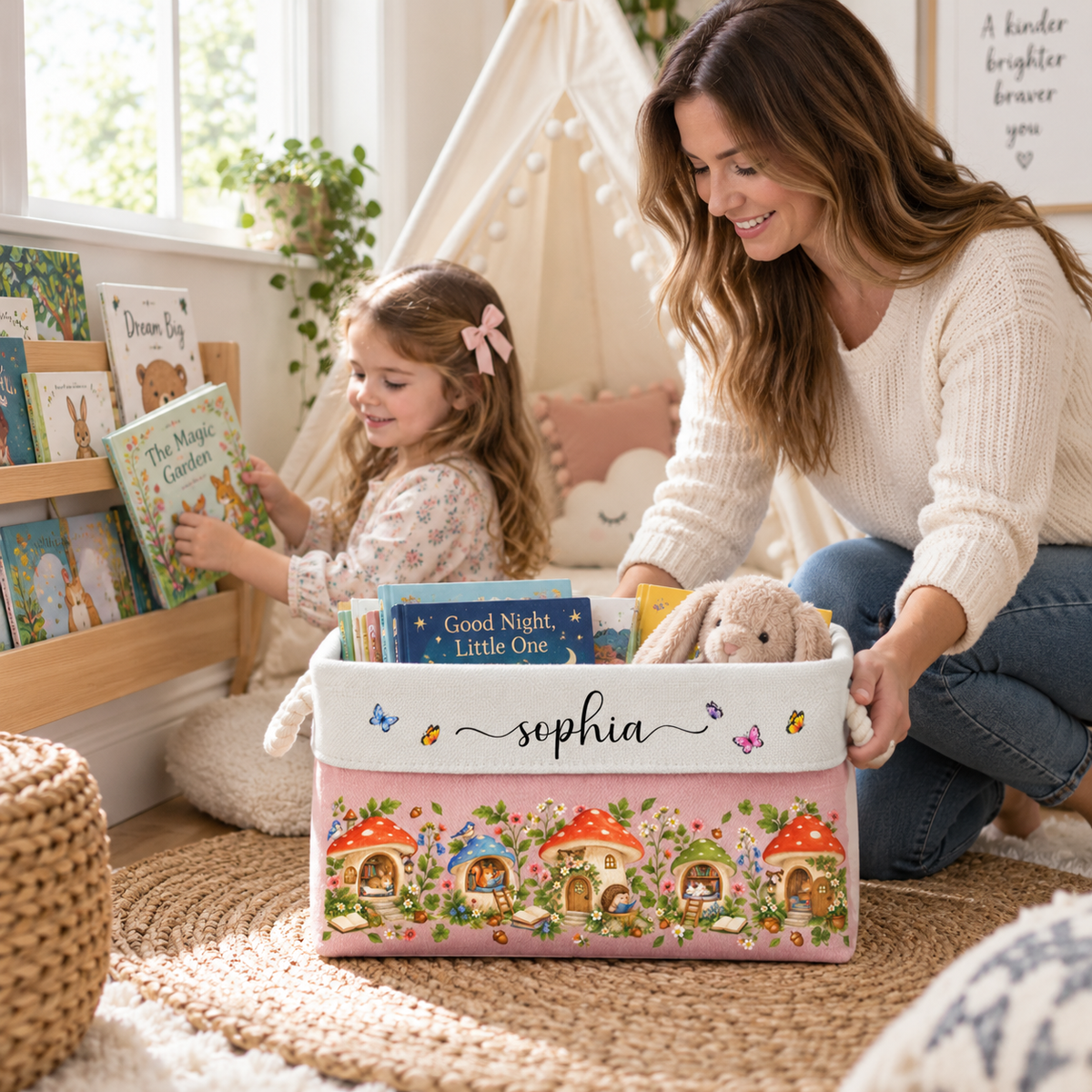 Custom Name Fairy Tale Storybook Fabric Storage Basket, Magical Reading Nook Organizer for Book Lovers