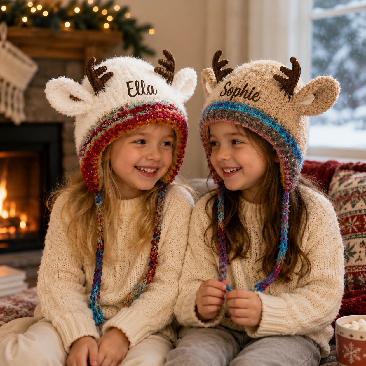 Custom Name Reindeer Knit Earflap Hat, Warm Winter Kids Beanie with Deer Antlers, Personalized Christmas Gift for Family, Boys, Girls