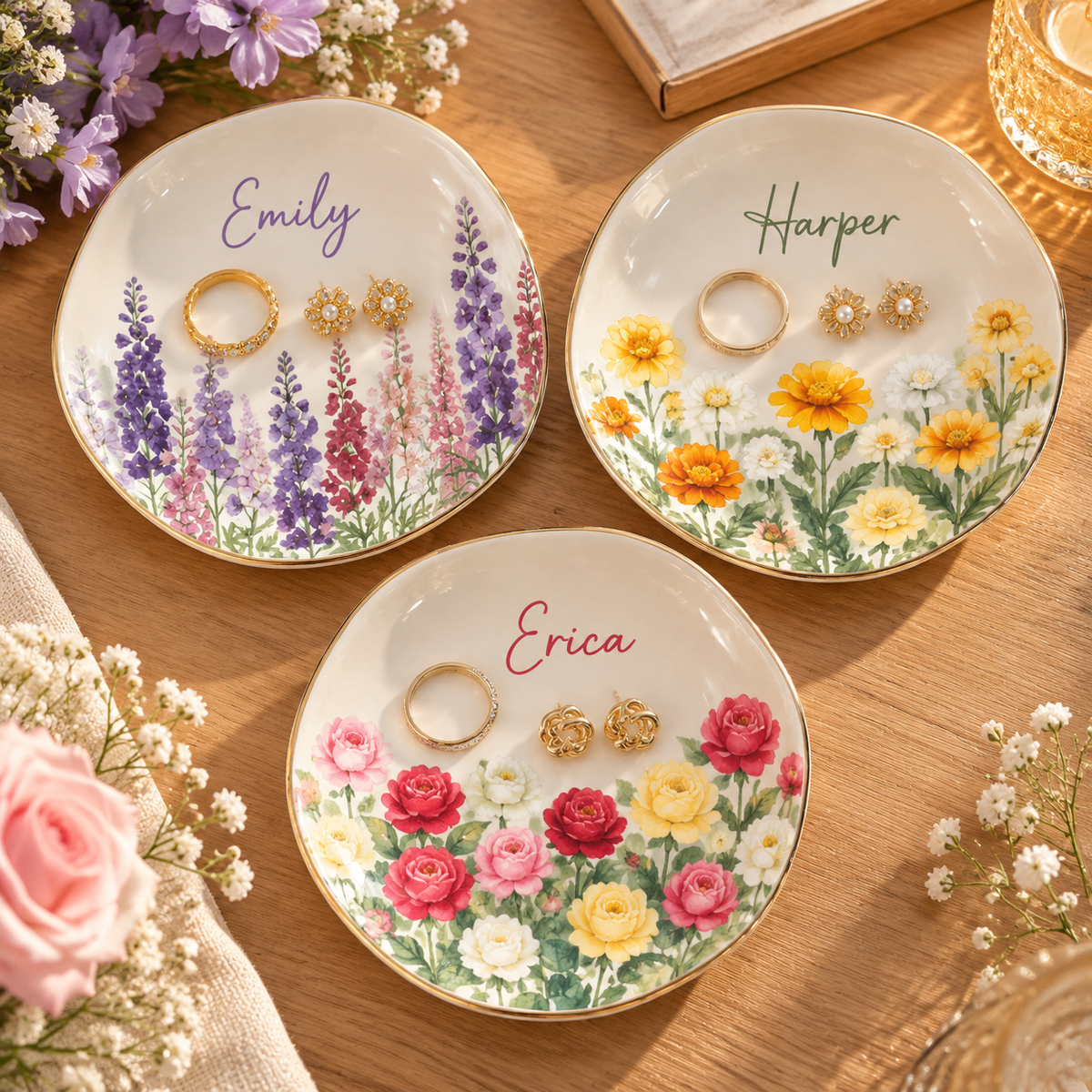 Personalized Birth Month Flower Trinket Dish, Watercolor Ceramic Jewelry Tray with Custom Name, Birthday Gift for Her