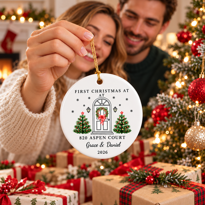 Personalized New Home Christmas Ornament – Custom Address & Names Ceramic Keepsake, First Christmas in New Home Gift for Couples & Families