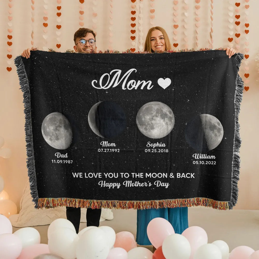Mom Grandma Love You To The Moon And Back Moon Phase Art Personalized Tapestry Woven Blanket