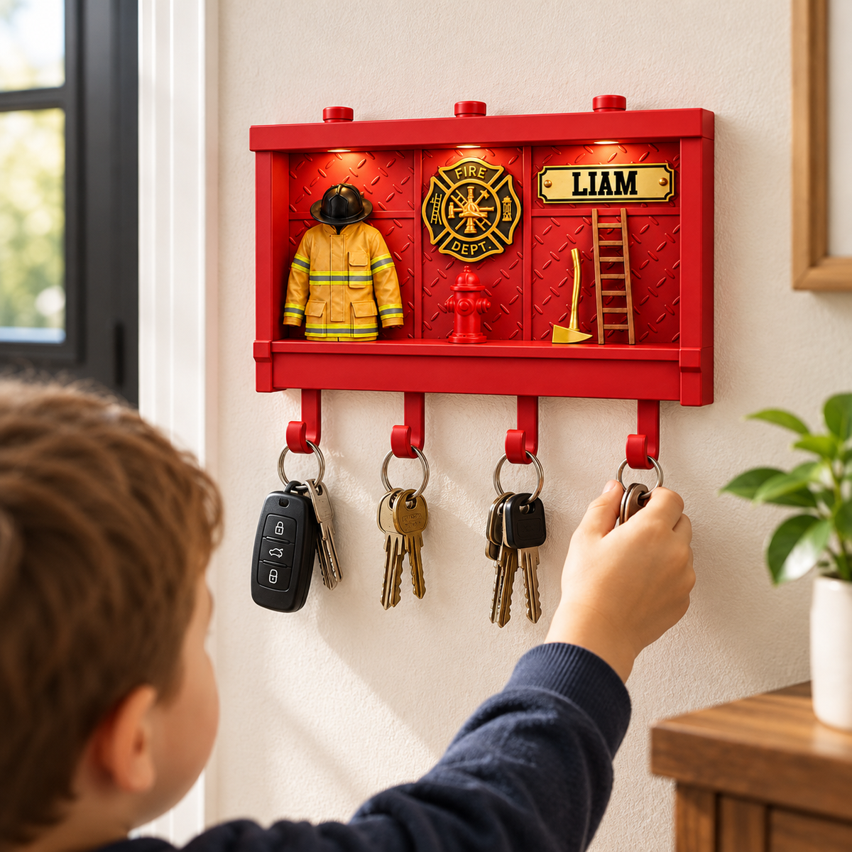 Personalized Firefighter Key Holder, 3D Printed Firefighter Shadow Box with Custom Name and LED Lights, Unique Christmas Gift for Firefighters