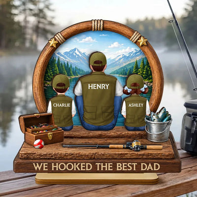 Fishing Dad Kids Mountain Lake - Personalized 2-Layered Wooden Plaque - Heartfelt Gift For Fishing Dad, Gift For Husband
