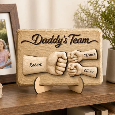 Sentimental Rustic Daddy's Team Fist Bump - Personalized 2-Layered Wooden Plaque - Father's Day Gift For Dad, Husband