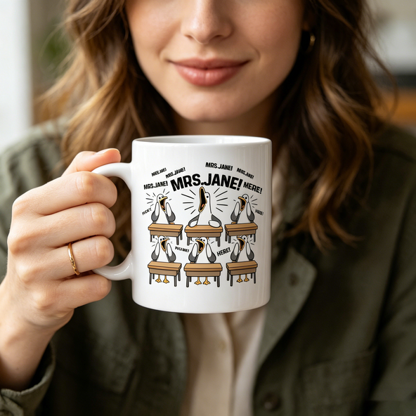 Funny Classroom Seagull Mug | Custom Teacher Name Coffee Cup, Gift for Teachers