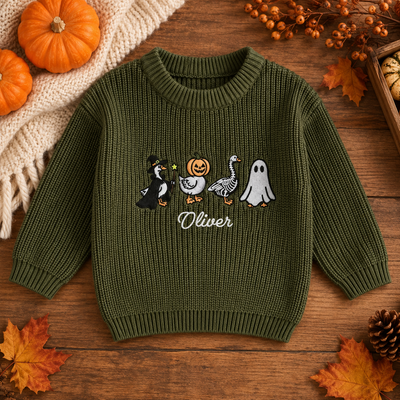 Personalized Toddler Baby Halloween Sweater, Custom Name Pumpkin Skull Ghost Goose Embroidery Long Sleeve Pullover Gift For Kids, Babys