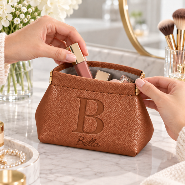 Personalized Embossed Leather Makeup Pouch, Custom Initial Pattern PU Leather Cosmetic Bag, Portable Storage Organizer for Her