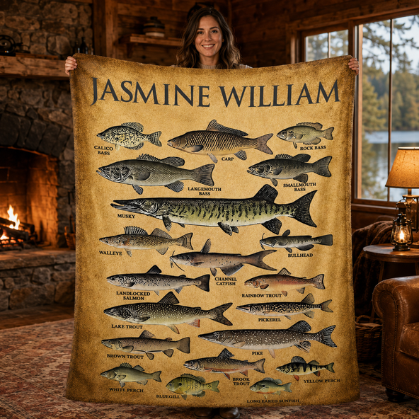 Personalized Vintage Fish Species Chart Blanket, Custom Name Fishing Throw Blanket Gift for Fisherman