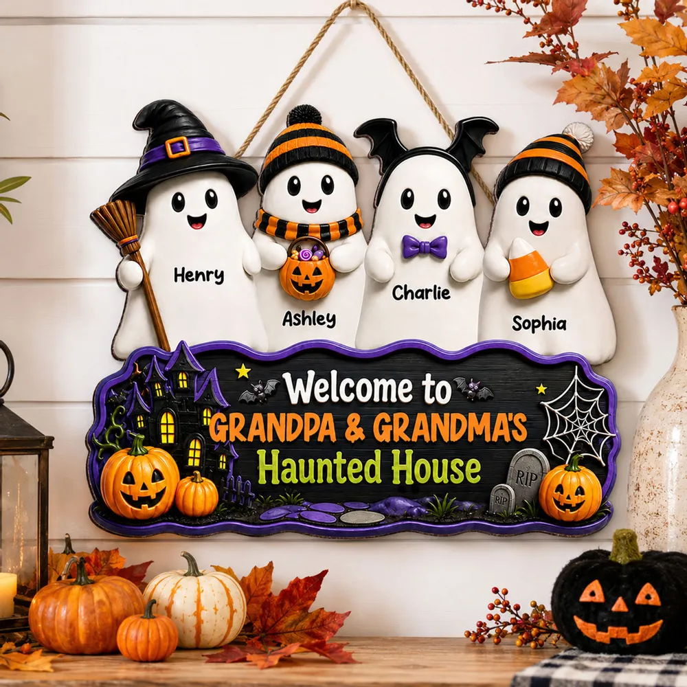Halloween Welcome To Grandma Grandpa Haunted House Cute Boo Kids - Personalized Wood Sign - Halloween Decoration For Grandparents