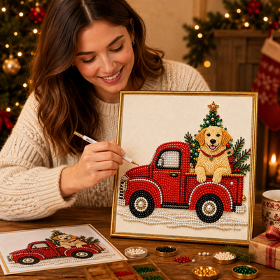 Pet Pearl Art DIY Kit – Custom Pet Photo Red Truck Design, Christmas Holiday Decor Gift for Pet Lovers