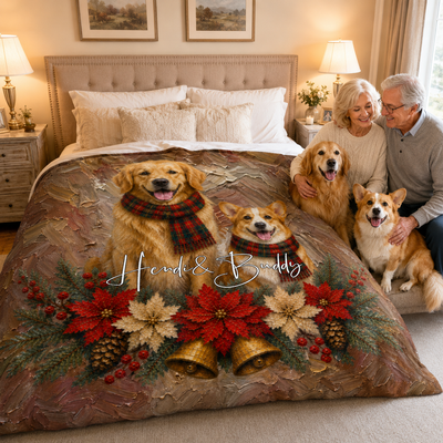 Personalized Pet Portrait Blanket – Custom Oil Painting Dog & Cat Photo with Scarf, Name & Christmas Floral Decor, Gift for Pet Lovers