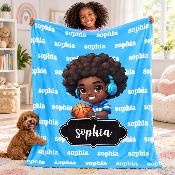 Personalized Black Boy Blanket – Selectable Cartoon Character & Custom Name, Bedroom Decor Birthday Gift for Boys