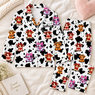 Personalized Highland Cow Pajama Set, Custom Name Cow Print Long Sleeve Button Down Shirt & Pants, Cute Baby Cow Cartoon Family Matching Sleepwear