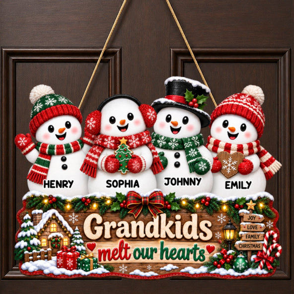 Christmas Snowman Grandkids Melts Our Hearts - Personalized Wood Sign - Christmas Decor, Door Sign For Grandparents