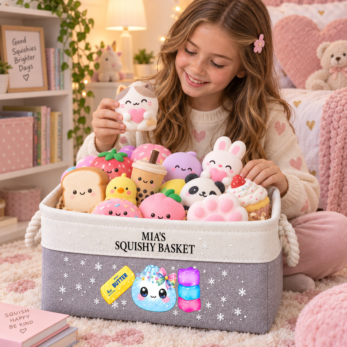 Cute Squishy Collector Custom Name Bin, Toy Organizer For Kids Squishmallow Fans - Personalized Storage Basket