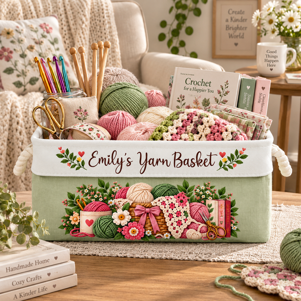 Personalized Storage Basket – Custom Name Yarn Organizer Basket, Crochet & Knitting Storage Bin, Cozy Home Decor Gift for Crafters