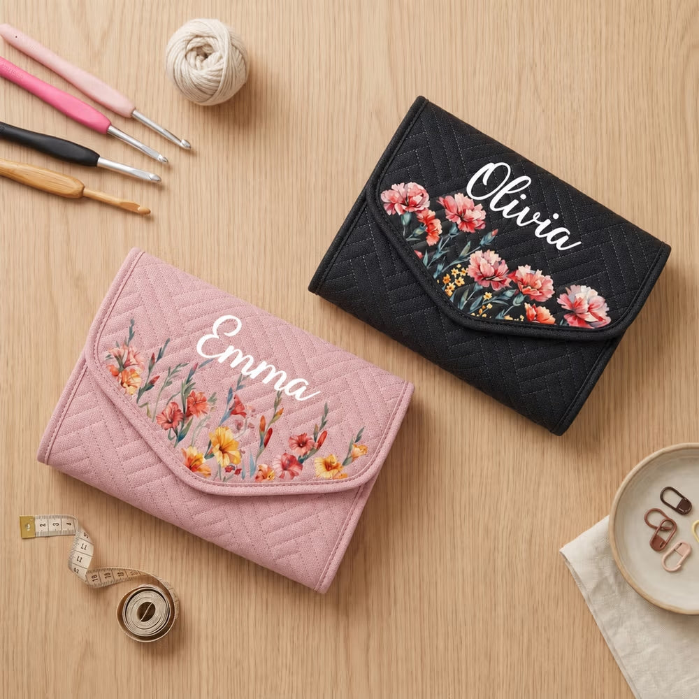 Personalized Birth Flower Crochet Hook Organizer with Name Knitting Accessories Birthday Gift for Crochet Enthusiast Mom Grandma