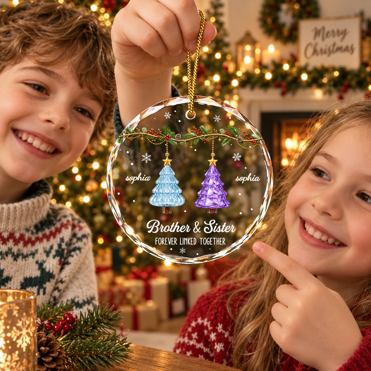 Festive 3D Effect Christmas Trees Brothers & Sisters Forever Linked Together - Personalized Glass Ornament