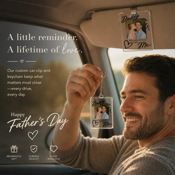 Personalized Father's Day Drive Safe Dad Car Visor Clip and Keychain Set – Custom Photo Gift from Daughter or Son