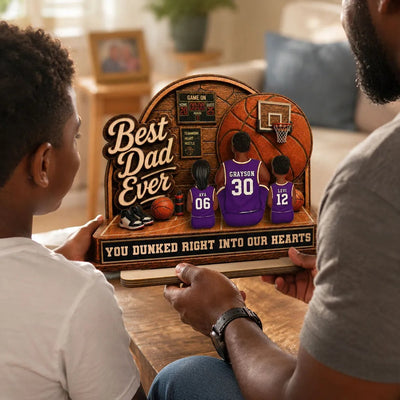 MVP Dad Back View Basketball Man & Kids 2D Flat - Personalized 2-Layered Wooden Plaque - Father's Day Gift For Basketball Dad