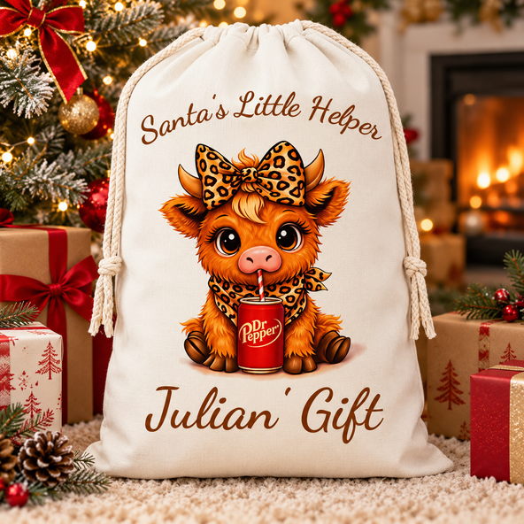 Personalized Highland Cow Christmas Gift Bag, Custom Name Canvas Drawstring Sack, Special Delivery Holiday Gift for Kids & Family