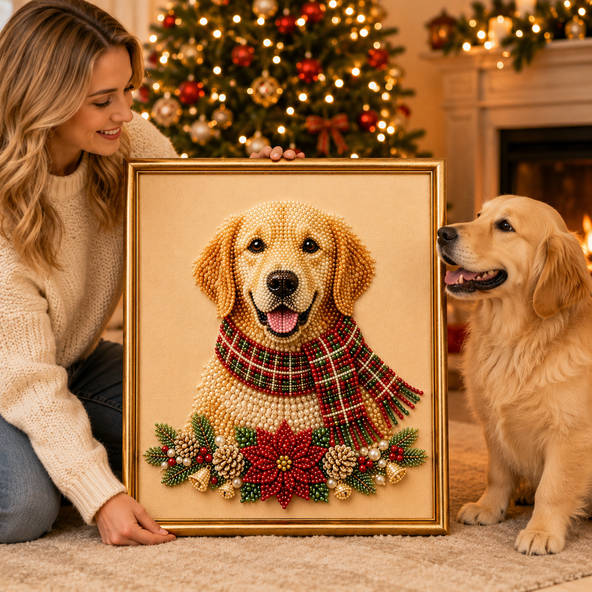 Personalized 3D Pearl Art DIY Kit – Custom Pet Christmas Portrait with Festive Scarf, Handmade Holiday Wall Decor Gift for Pet Lovers