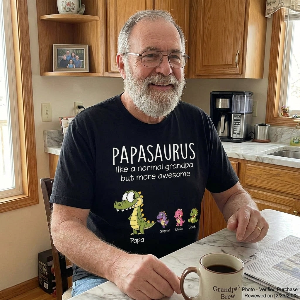 Personalized Papa Dinosaur Shirt with Custom Kids Names, Funny Grandpa Family T Shirt for Papa Grandfather, Father's Day Birthday Gift