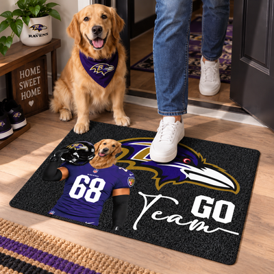 Custom Pet Head Football Doormat, Upload Your Pet Photo, Personalized Football Team Welcome Mat, Pet Lover & Football Fan Gift